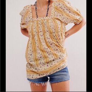 Free People Vintage Lover Yellow Floral Puff Sleeve Blouse